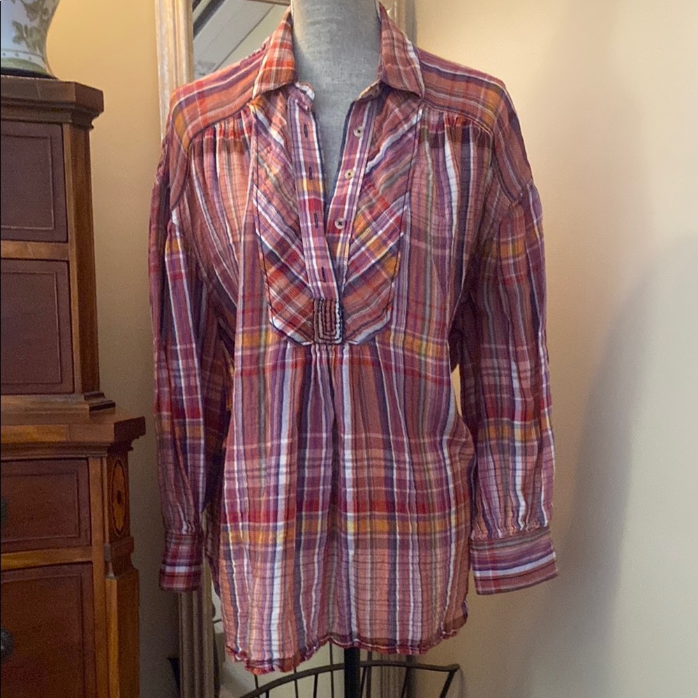 Free people plaid quarter button up flowing too small purple orange red